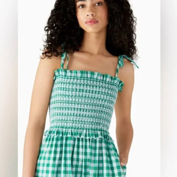 Kate spade Green & White Gingham Smocked-bodice Dress size LG - POCKETS!! - Picture 11 of 11